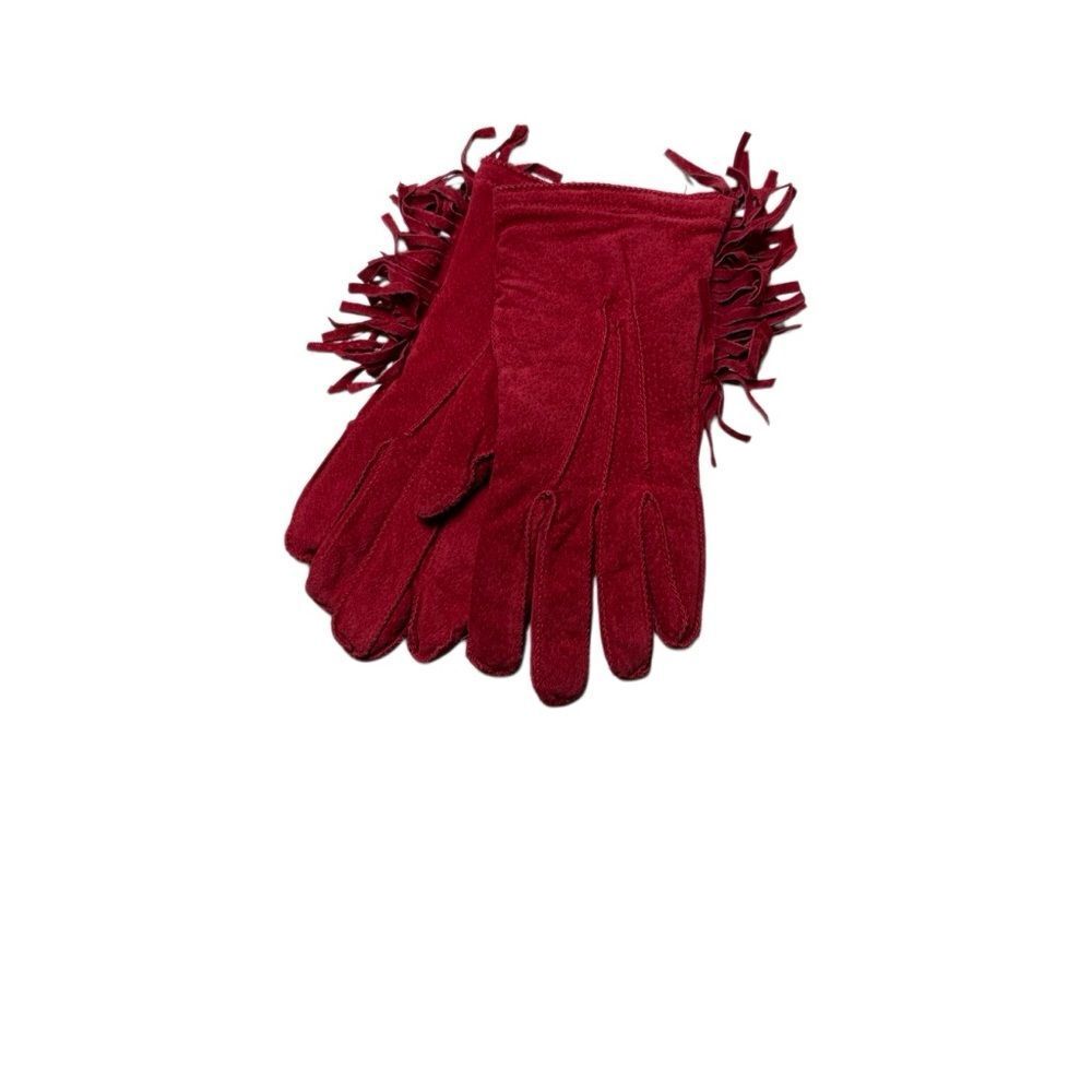 Vintage women’s red leather suede fringe knit lined gloves small medium - Picture 2 of 5